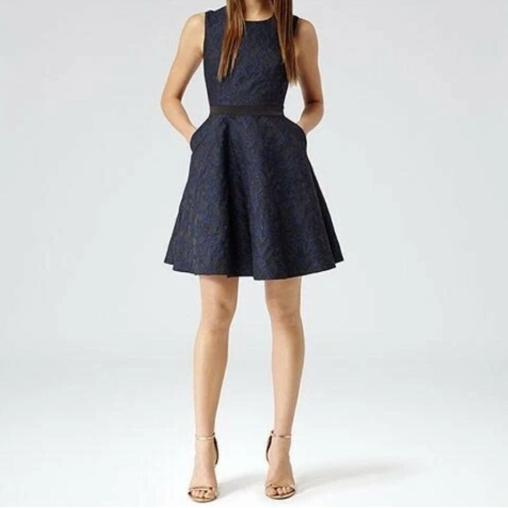 Reiss Natalie Blu Jacquard Mini Dress Sz 4 Fit & Flare Navy Blue Black